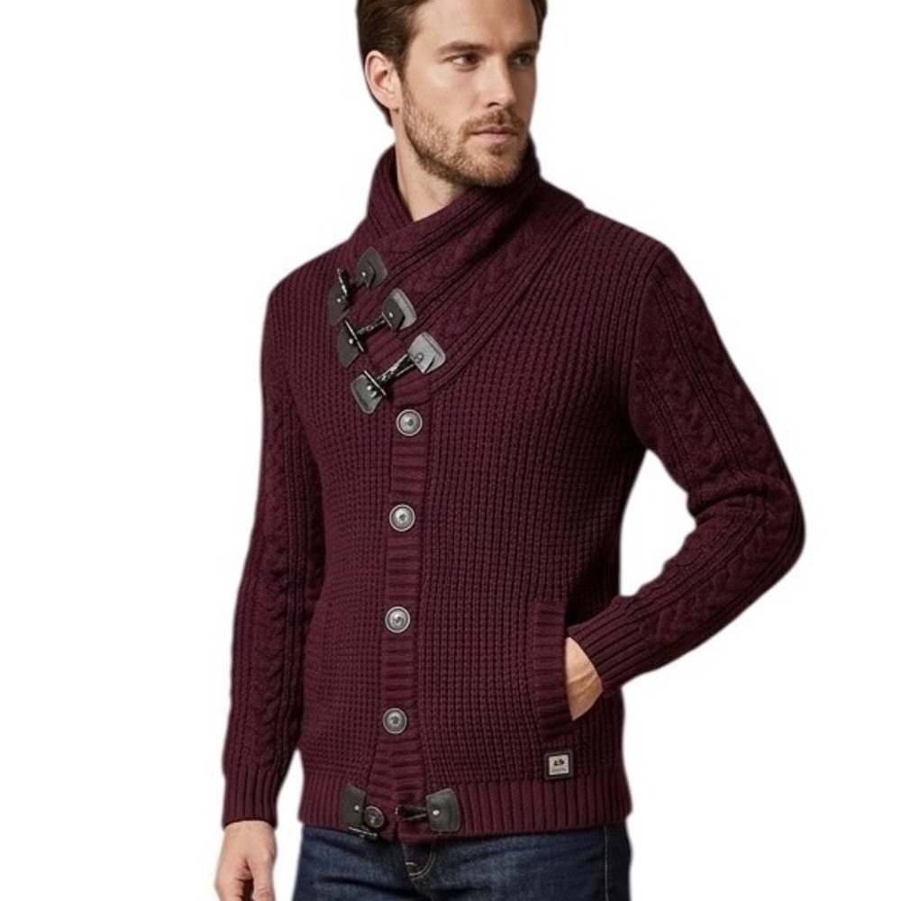 Barabas Mens Burgundy Cable Knit Shawl Collar Toggle Button Cardigan Sweater M